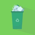 Separating waste. Illustration with trash container full of plastic bottles on green background Royalty Free Stock Photo