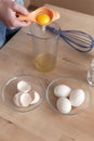 Separating yellow yolks from protein in raw eggs for cake, biscuit and cream. Royalty Free Stock Photo