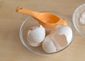 Separating yellow yolks from protein in raw eggs for cake, biscuit and cream. Step 5 Royalty Free Stock Photo