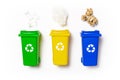 Separation recycle. Yellow, green, blue dustbin for recycle plastic, paper and glass can trash isolated on white background. Bin Royalty Free Stock Photo
