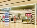 Sephora, cosmetics store with black and white stripes, at Auckland`s Sylvia Park shopping mall.
