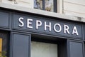 Sephora sign text and brand logo wall facade on shop French chain of perfumery cosmetics store