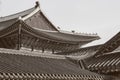 Sepia background image of korean historical roof,ornate of typical asian tiles and decorative Japsang symbolic figures.