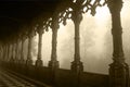 Portugal - Bussaco Palace Arched Gallery, Tracery Design, Foggy Day - Sepia Image Royalty Free Stock Photo