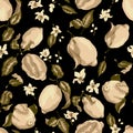 Sepia Color Seamless Pattern with lemon tree fruits and flowers Royalty Free Stock Photo