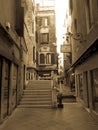 Sepia colored photo of the streets of Venice, Italy