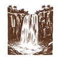 Sepia Drawing of a Waterfall Cascading Down Cliffs in a Tropical Setting Royalty Free Stock Photo
