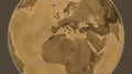 Globe centered on Tunisia neighborhood. Sepia elevation map Royalty Free Stock Photo