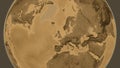 Globe centered on United Kingdom neighborhood. Sepia elevation m Royalty Free Stock Photo