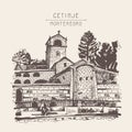 Sepia hand drawing of Cetinje monastery - ancient capital in Mon Royalty Free Stock Photo