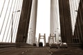 Sepia image of heavy vehicular traffic crossing Rajiv Gandhi Bandra-Worli Sea Link, Mumbai, India.