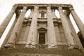 Sepia image of Temple of Antoninus and Faustina built in 141 AD, at the Roman Forum, Rome, Italy, Europe