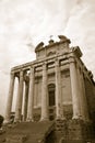 Sepia image of Temple of Antoninus and Faustina built in 141 AD, at the Roman Forum, Rome, Italy, Europe Royalty Free Stock Photo