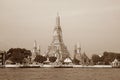 Sepia Image of The Temple of Dawn or Wat Arun, Bangkok on Chao Phraya River Bank, Thailand