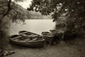 Sepia retro style picture of derelict boathouse and rowing boats