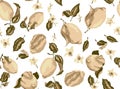 Sepia seamless pattern with lemon fruits and citrus blooming flo