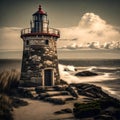Sepia Serenity: Vintage Lighthouse on Rocky Coast Royalty Free Stock Photo