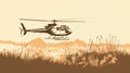 Sepia Tone Helicopter Illustration In Grass Field