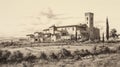 Sepia Tone Sketch Of Italian Castle In Wine Country Italy