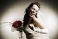 Sepia toned image of happy bride