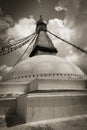 The dome of the Boudhanath Stupa, with prayer flags, Kathmandu, Nepal Royalty Free Stock Photo