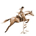 Sepia watercolor rider girl and horse, jumping a hurdle on white.