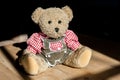 Sepp from Bavaria, a Teddybear as part of a collection, wearing traditional clothing, like a checkered shirt and leather pants