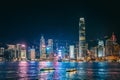 28 Sept 2019 - Hong Kong: Hong Kong cityscape, with Bank of China, HSBC, Two International Finance Centre, Observation Wheel Royalty Free Stock Photo