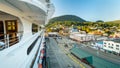 Sept 17, 2018 - Ketchikan, AK: Elevated view, cruise ship docks, from The Volendam at sunset.