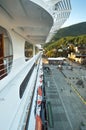 Sept 17, 2018 - Ketchikan, AK: Elevated view of side of cruise ship The Volendam in port, early evening. Royalty Free Stock Photo