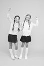 September again. Childhood happiness. School day fun cheerful moments. Kids cute students. Schoolgirls best friends Royalty Free Stock Photo