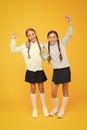 September again. Childhood happiness. School day fun cheerful moments. Kids cute students. Schoolgirls best friends Royalty Free Stock Photo