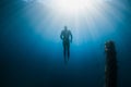 September 10, 2020. Anapa, Russia. Professional freediver in wetsuit and wreck underwater sea