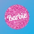 September 2023. Barbie doll. Barbie inscription on a background of pink sparkles. Glitter effect. Sticker.Editorial