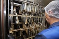 Fish factory.A worker pushes a smoked fish cart into an industrial oven