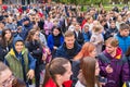 September 23, 2022 Beltsy Moldova. Illustrative editorial background. Crowd of schoolchildren leaving school