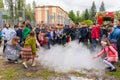 September 23, 2022 Beltsy Moldova. Illustrative editorial. Firefighters teach children how to use a fire extinguisher.