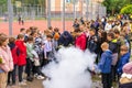 September 23, 2022 Beltsy Moldova. Illustrative editorial. Firefighters teach children how to use a fire extinguisher.