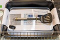 September 19, 2022 Balti, Moldova. Illustrative editorial. Baking tray and kitchen spatula. Baking set