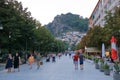 September 09 2023 - Berat, Berati, Albania: the main pedestrian street of Berat, with the view of the old city in the background Royalty Free Stock Photo