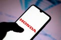 September 3, 2020, Brazil. In this photo illustration the Honda Motor Company logo seen displayed on a smartphone Royalty Free Stock Photo