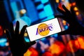 September 9, 2023, Brazil. Los Angeles Lakers logo is displayed on a smartphone screen. It is an