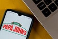 September 28, 2020, Brazil. In this photo illustration the Papa John`s Pizza logo seen displayed on a smartphone