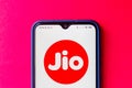 September 25, 2020, Brazil. In this photo illustration the Reliance Jio Infocomm Limited logo seen displayed on a smartphone
