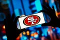 September 9, 2023, Brazil. San Francisco 49ers logo is displayed on a smartphone screen. It is a Royalty Free Stock Photo