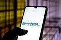 September 25, 2020, Brazil. In this photo illustration the Vedanta Limited logo seen displayed on a smartphone Royalty Free Stock Photo