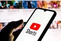 September 21, 2020, Brazil. In this photo illustration a YouTube Shorts logo is seen displayed on a smartphone Royalty Free Stock Photo