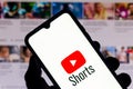 September 21, 2020, Brazil. In this photo illustration a YouTube Shorts logo is seen displayed on a smartphone Royalty Free Stock Photo