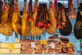 September 2, 2019, Cadiz, Andalusia, Spain, daily farmers market, different jamon serrano legs, cheese and sausages to sell by