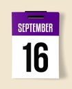 16 September Calendar Date, a Realistic calendar sheet hanging on a wall Royalty Free Stock Photo